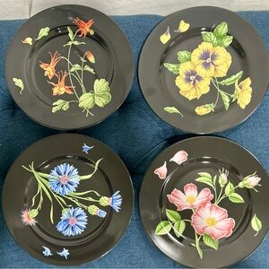 Tiffany & Co Wildflowers Porcelain Dessert Plates Set of 4 Black Floral